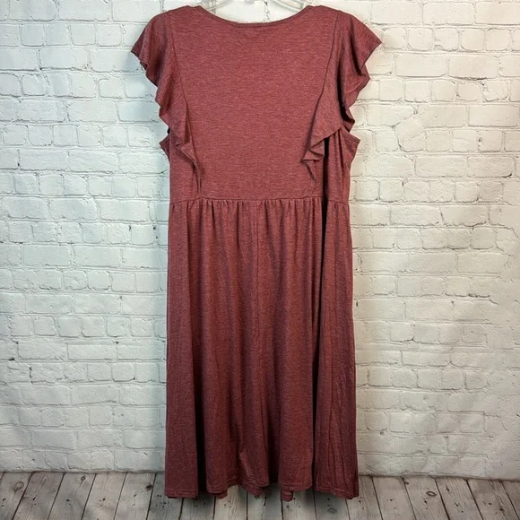 BloomChic Red Heather Flutter Trim Button Detail Gathered Dress Size Medium - Picture 6 of 6